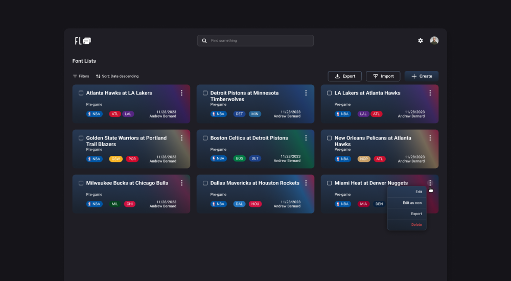 Font Lists Sports Game Announcements